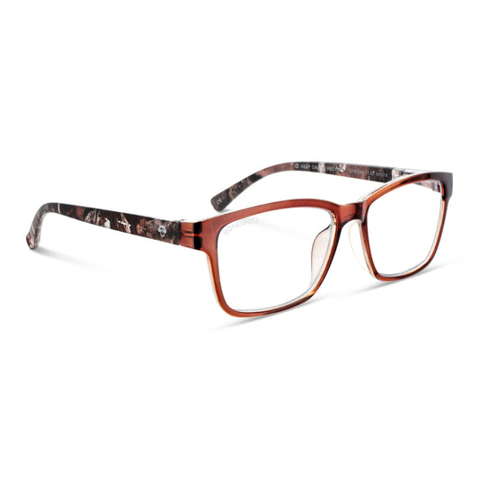 Lennox Island Caramel vista angulada de lentes de lectura ovalados para mujer y hombre con armazon de plastico reciclados y colores distintos exclusivos con filtro de luz azul para las pantallas)