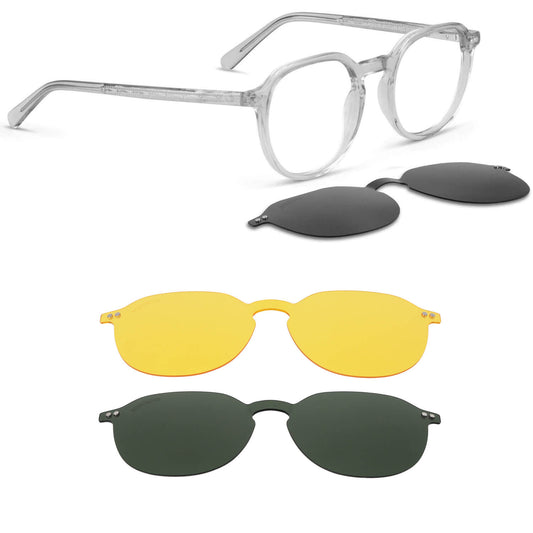 anteojos o marcos ópticos con iman o clip de sol polarizados de forma octagonal o redondos para hombres y mujeres de cara redonda grande. Vista angulada y armazones de color negro #color_transparente