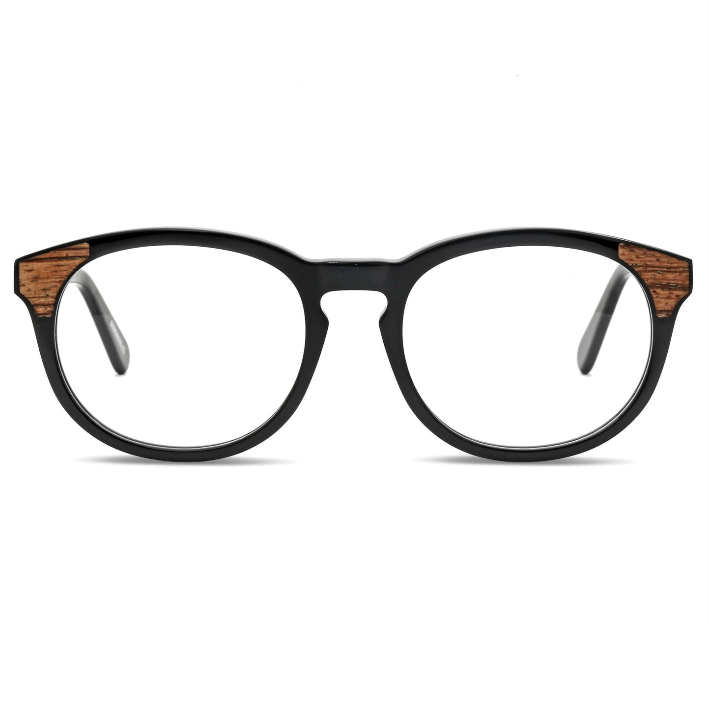 marcos ópticos armazones sustentables redondos de acetato con madera natural chiloe 0084 negro frontal mayorista de optica regalos corporativos ecologicos hombre de cara ovalada#color_negro
