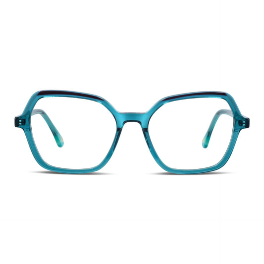 anteojos opticos octagonales de color verde o calipso para mujer y hombre de cara redonda receta grande, vista frontal. Anteojos perfectos para cristales multifocal bifocal adelgazado filtro azul #color_calipso