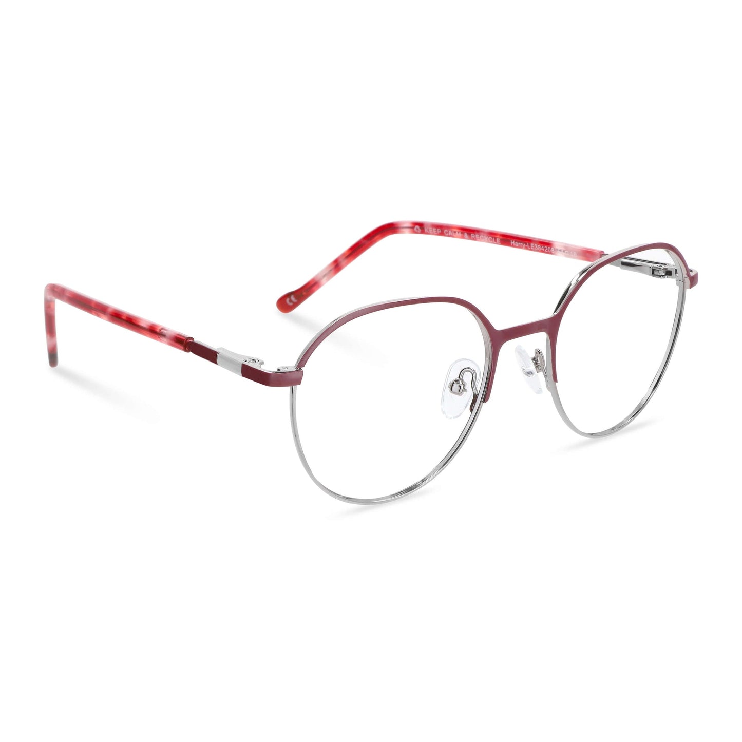 anteojos de color rojo con la parte inferior de color plateada y plaquetas de silicona. Varillas con detalles internos de color naranjo, rojo claro, burdeo combinan muy bien con el frente. Lentes ópticos para niños y niñas con cristales con receta incluidos y envío gratis. Distribuidor y mayorista de opticas de armazones sustentables vista angulada lateral #color_rojo