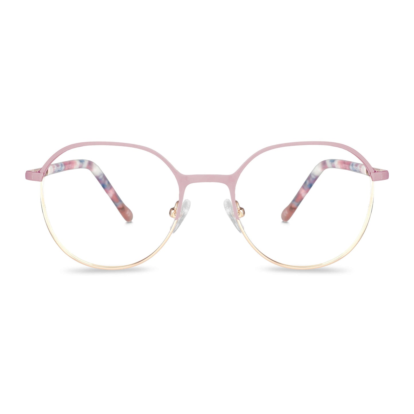 anteojos de color rosado con la parte inferior de color dorada y plaquetas de silicona. Varillas con detalles internos de color blanco, azul, celeste que combinan muy bien con el frente. Lentes ópticos para niños y niñas con cristales con receta incluidos y envío gratis. Distribuidor y mayorista de opticas de armazones sustentables #color_rosado