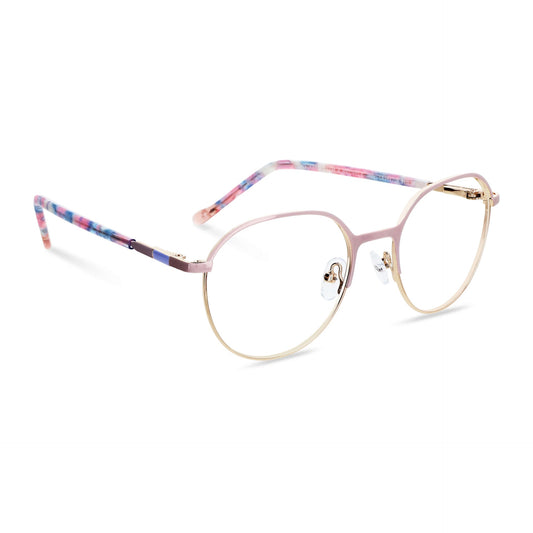 anteojos de color rosado con la parte inferior de color dorada y plaquetas de silicona. Varillas con detalles internos de color blanco, azul, celeste que combinan muy bien con el frente. Lentes ópticos para niños y niñas con cristales con receta incluidos y envío gratis. Distribuidor y mayorista de opticas de armazones sustentables vista angulada o lateral #color_rosado