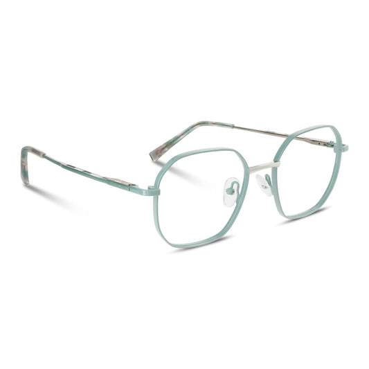 armazones opticos de color calipso de forma octagonal con puente metalico y plaquetas de silicona vista angulada lateral. Anteojos que quedan bien en hombre y mujer de cara redonda y ovalada grande. Bonoboss distribuidor y mayorista de opticas de lentes sustentables #color_verde