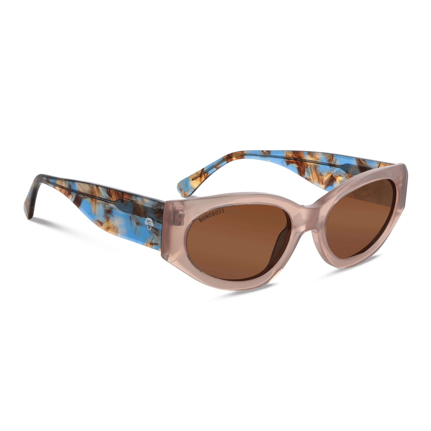 anteojos lentes de sol agatados para mujer de cara redonda grande polarizados con o sin receta optica vista angulada con lentes cafe oscuros de color #color_peach