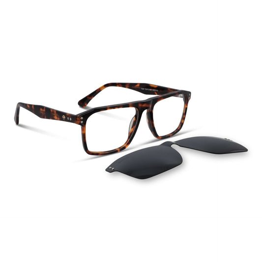 anteojos armazones marcos opticos con clip de sol polarizado rectangulares grandes en acetato sustentable biodegradable una vista angulada del color #color_carey