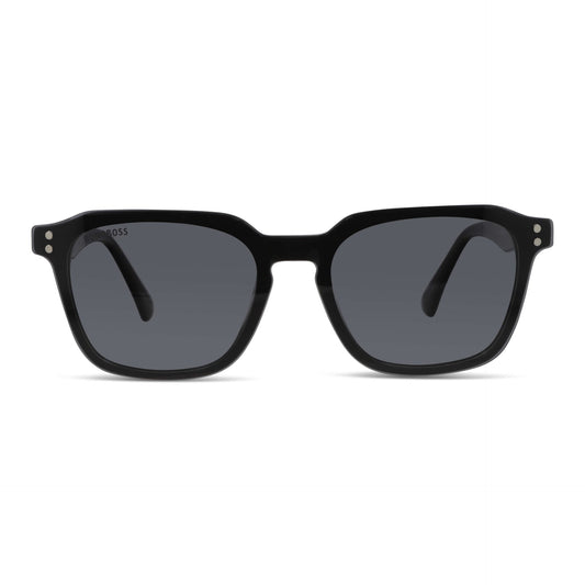 armazón óptico con clip de sol polarizado geometrico marco optico acetato sustentable biodegradable para hombre y mujer de cara ovalada grande vista frontal de color #color_negro