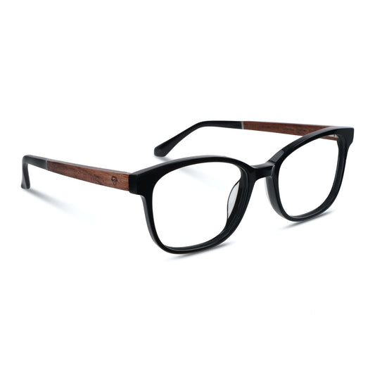 armazones opticos agatados color negro con patas de madera reciclada sustentable para hombre y mujer de cara redonda grande. Vista lateral angulada#color_negro