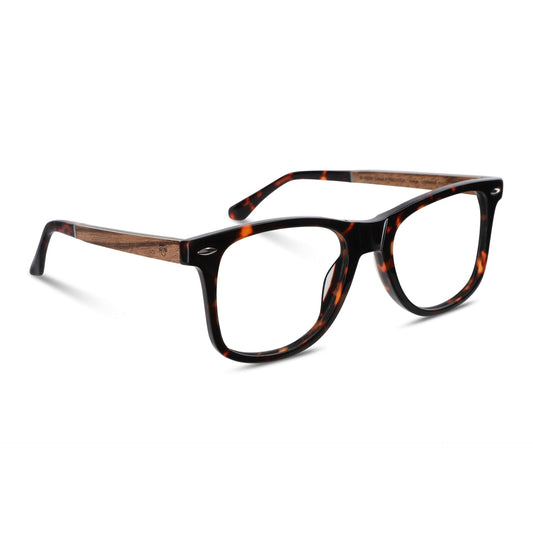 Acacia armazones anteojos ópticos con receta y filtro de luz azul de forma ovalada y color carey con patas de madera natural reciclada sustentable para hombre y mujer de cara redonda en color carey vista lateral#color_carey