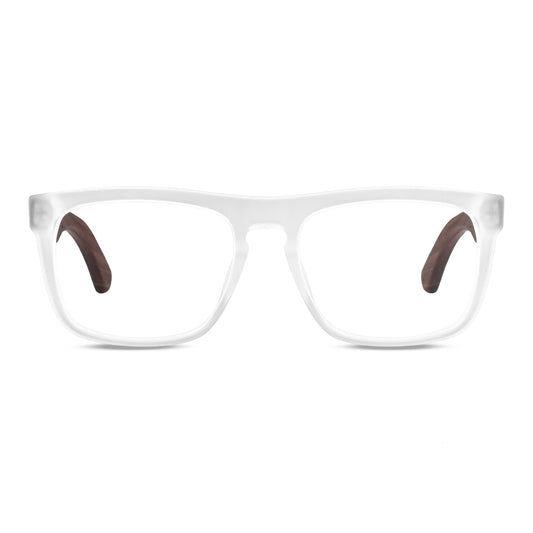 Anteojos ópticos marco cristal transparente mate con varillas de madera de nogal - diseño wayfarer holbrook unisex sustentable Bonoboss Chile #color_transparente