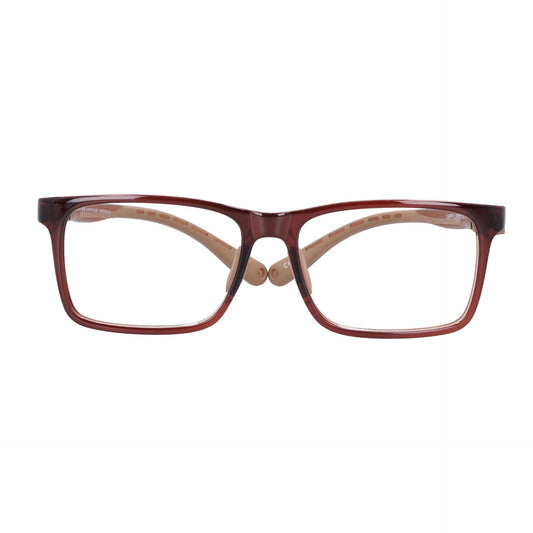 Vista frontal de un anteojo óptico o armazon para niños y niñas de forma rectangular con puente prominente de color café #color_brown