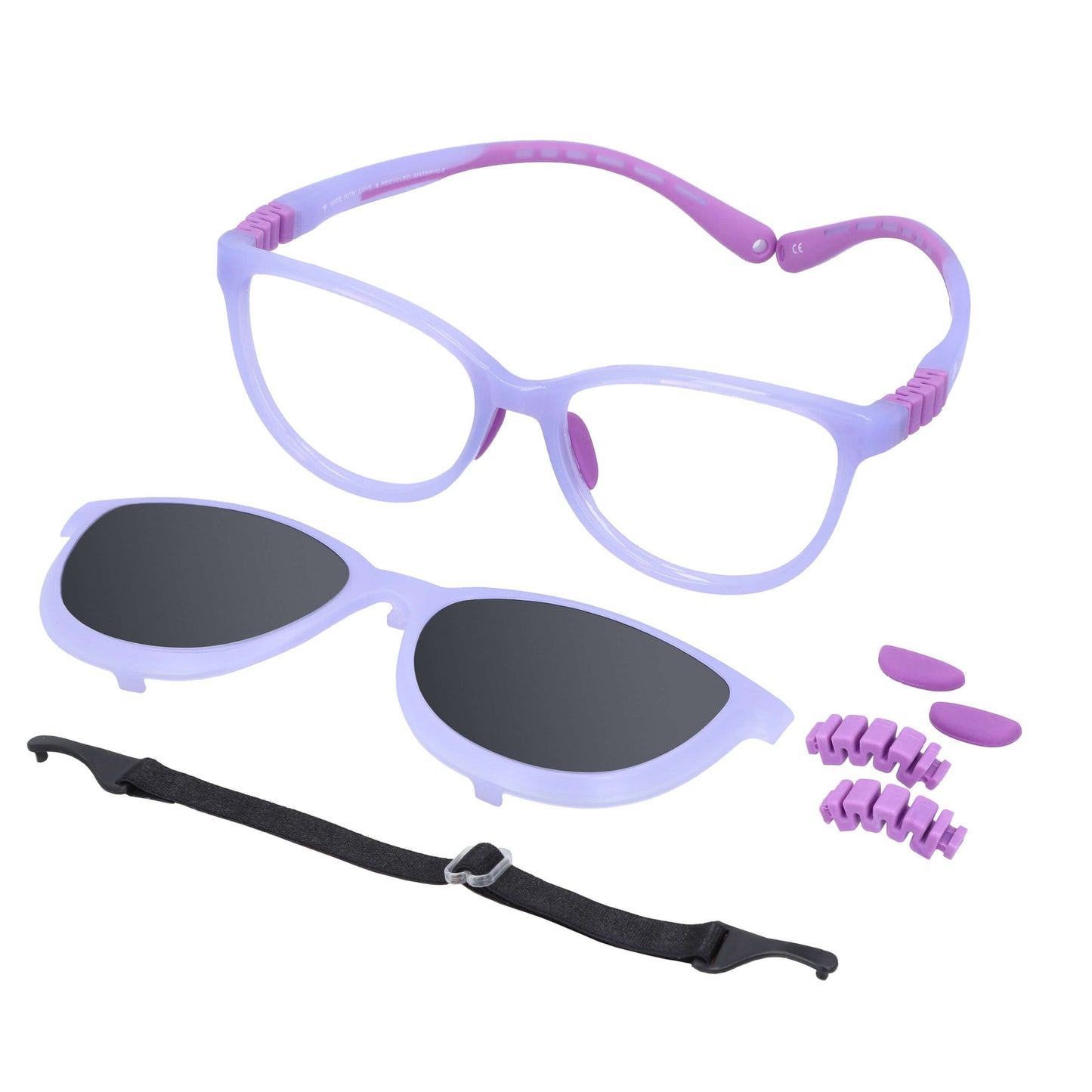 anteojos armazones de niña y niño agatados con clip de sol polarizado mica y repuestos. En la parte baja se ve un strap o colgante que incluye gratis y al costado derecho los repuestos de nosepads y bisagras. Vista angulada de un anteojo agatado de adolescentes de color morado #color_morado
