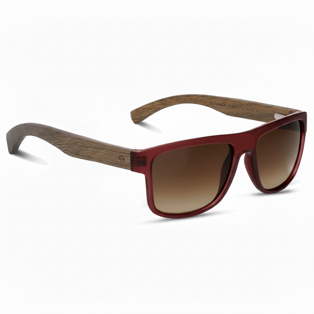 anteojos gafa de sol polarizada sustentable ecologica de plastico reciclado bonoboss modelo aukan wine rojos con lentes polarizadas de color degradé café regalo corporativo ecologico de moda foto angulada #color-marco_wine