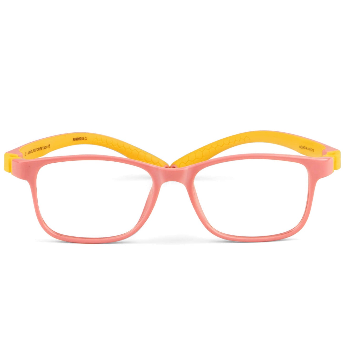 anteojos o marcos opticos de niño y niña de forma rectangular de unos anteojos. armazones opticos de goma indestructibles para niños de color rosado y patas amarillas y forma rectangular #color_pink