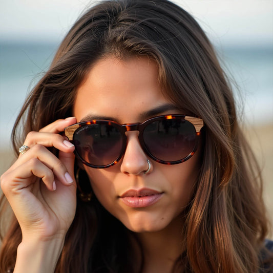 lentes de sol polarizados para hombre y mujerovalados de color carey con patas de madera natural sustentable. Marco de plastico reciclado con lentes polarizadas#color_carey