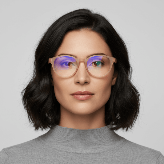 la vista frontal de una mujer de pelo negro suelto usando anteojos marcos opticos con receta de tamaño grande oversized de color duranzo. Bonoboss mayorista y distribuidor de opticas #color_peach