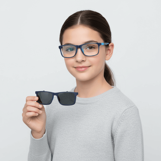 una niña de 10 años usando marcos opticos con clip de sol polarizado de #color_azul