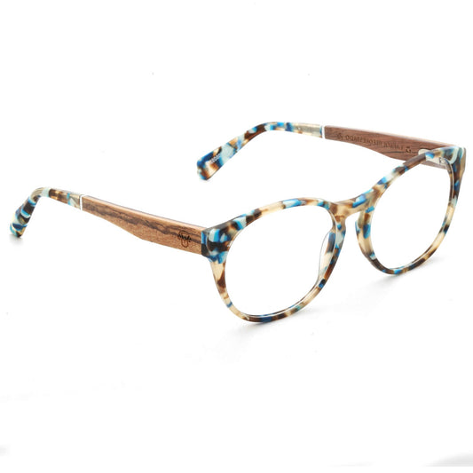 marcos ópticos redondos acetato organico sustentable ecologico patas madera natural plastico reciclado para hombre y mujer mayorista de opticas angulada#color_blue