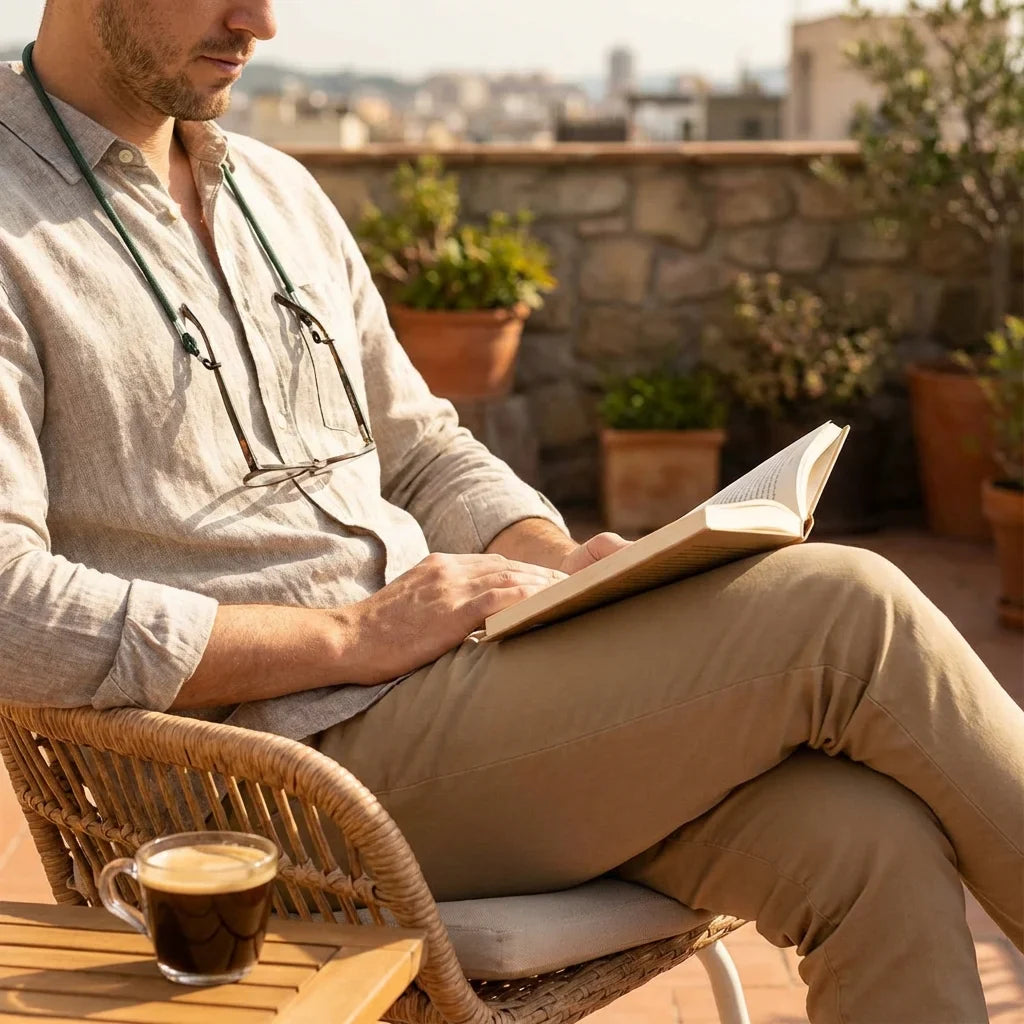 Correa para lentes reciclada verde-oscuro leyendo en terraza exterior Bonoboss #color_verde-oscuro