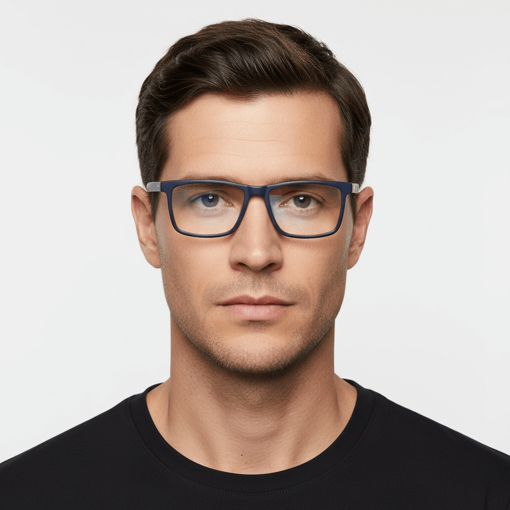 la vista frontal de un hombre serio usando armazones opticos con receta de color azul bonoboss en acetato sustentable reciclado #color_azul