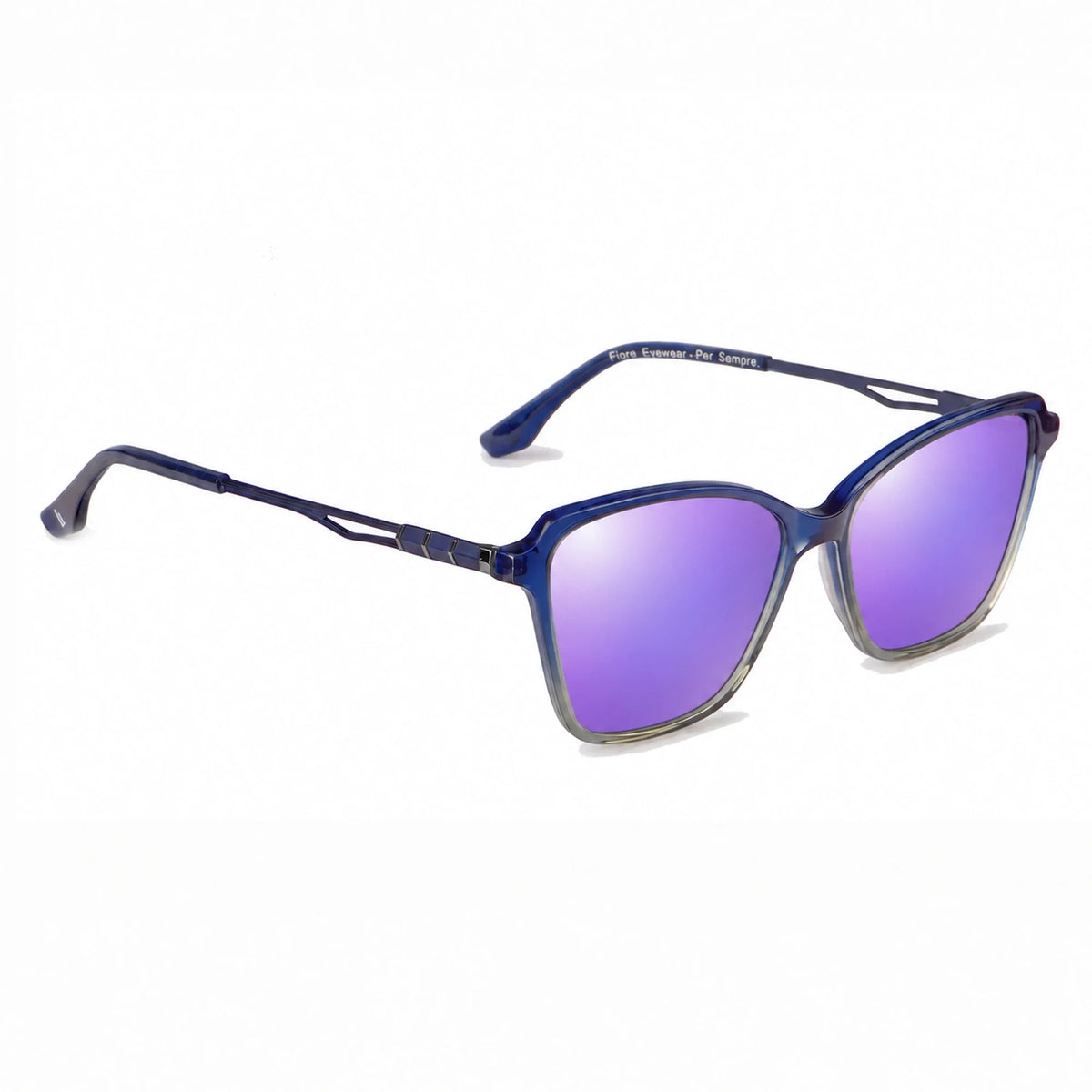 Lentes de sol Fiore 1006 Azul con cristal espejado morado polarizado UV400, vista en tres cuartos para mujer #color_espejado-morado