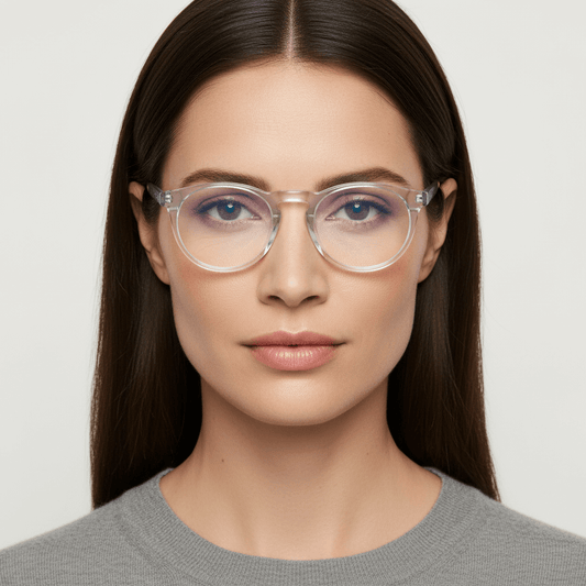 una mujer de cara ovalada redonda grande y pelo liso suelto usando armazones marcos opticos con receta y antireflejo Bonoboss en acetato sustentable biodegradable de forma redonda y #color_transparente