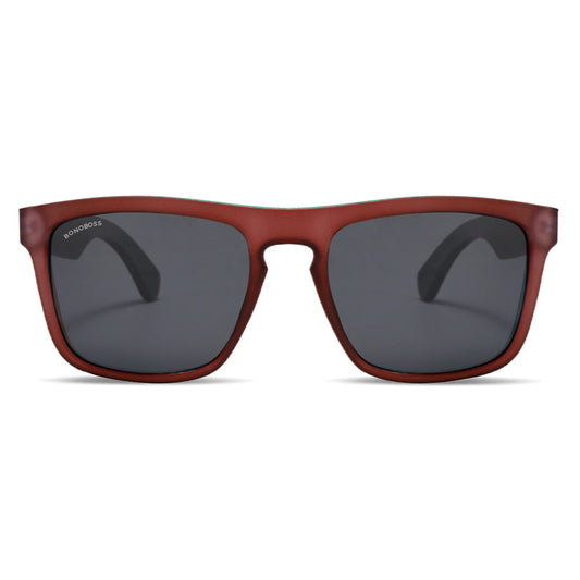 lentes de sol polarizados para hombre y mujer rectangulares de color rojo con patas de madera natural sustentable. Marco de plastico reciclado con lentes polarizadas #color-marco_wine