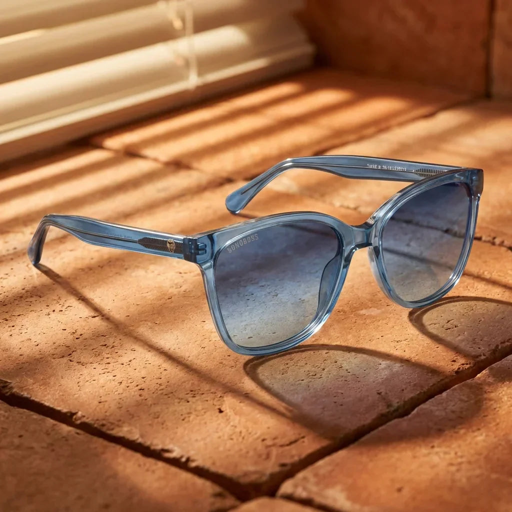 Lentes sol Tiare polarizados bio-acetato cat eye azul sobre terracota textura artesanal calida Bonoboss #editorial_detail2 #color_azul