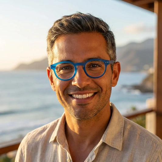 Profesional trabajando todo el dia lentes lectura Hawaii Azul proteccion completa luz azul UV antirreflejo Bonoboss #editorial_grid2 #color_default