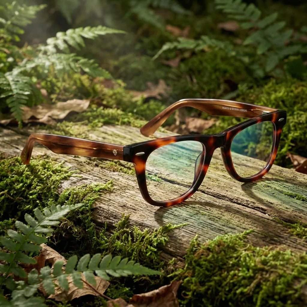 Lentes ópticos Acacia Carey en bosque verde natural diseño sustentable Bonoboss #editorial_sustentabilidad #color_carey