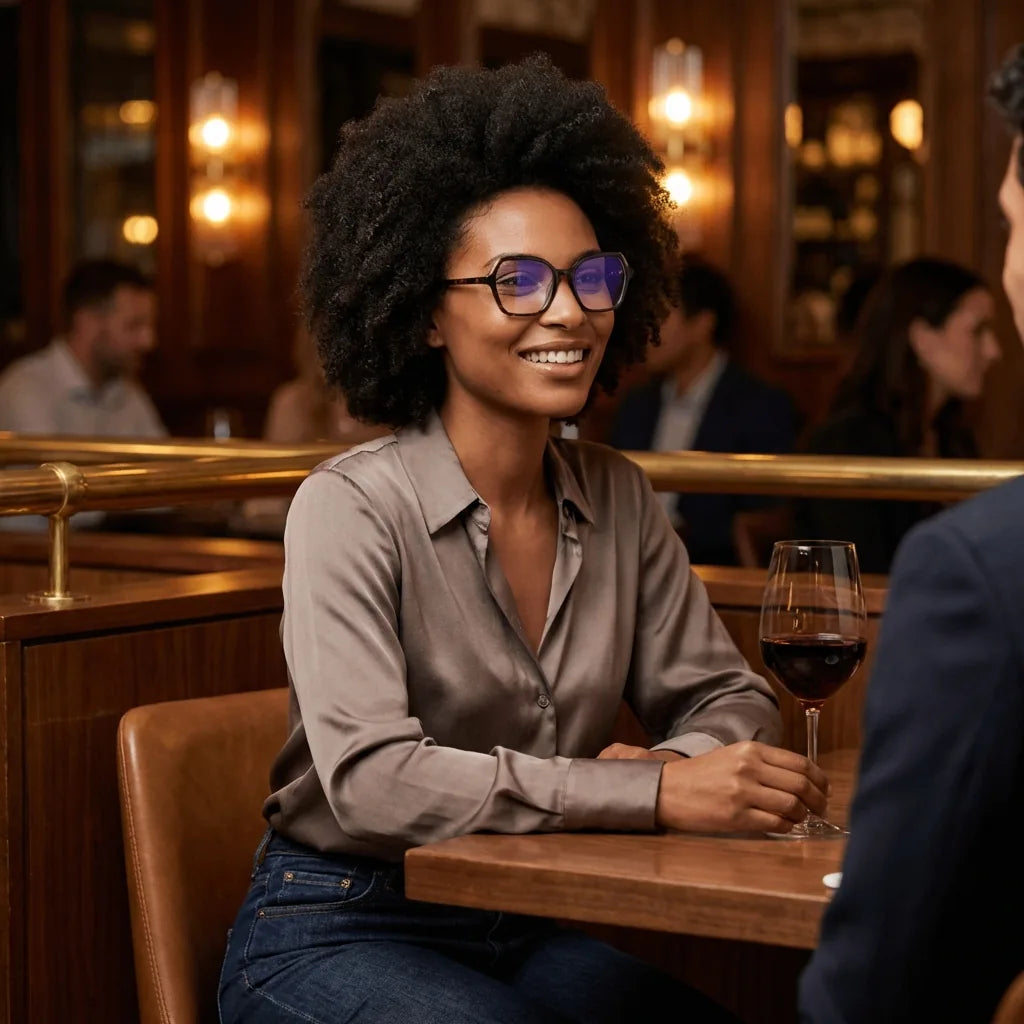 Lentes ópticos Alba Carey mujer en bar casual ambiente relajado Bonoboss #editorial_lifestyle4 #color_carey