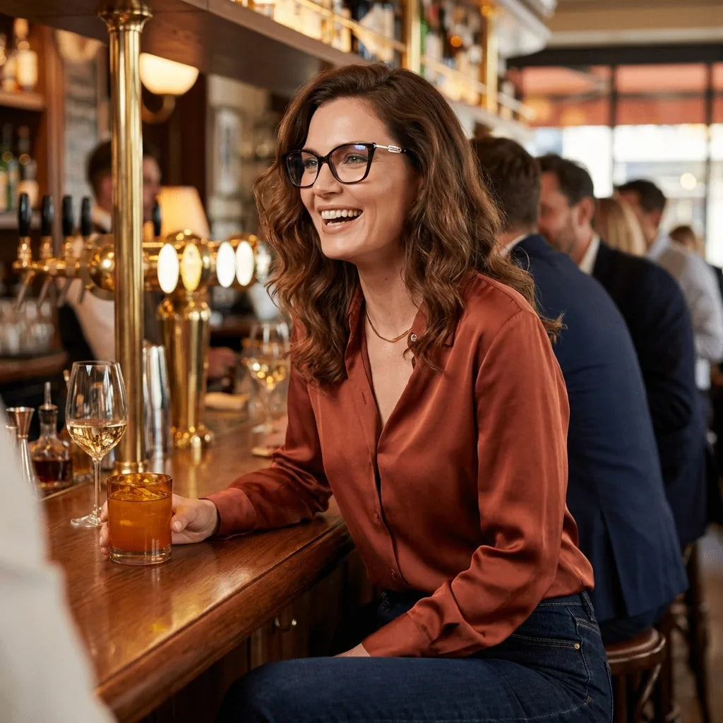 Lentes ópticos Amy Carey mujer en bar casual ambiente relajado Bonoboss #editorial_lifestyle4 #color_carey