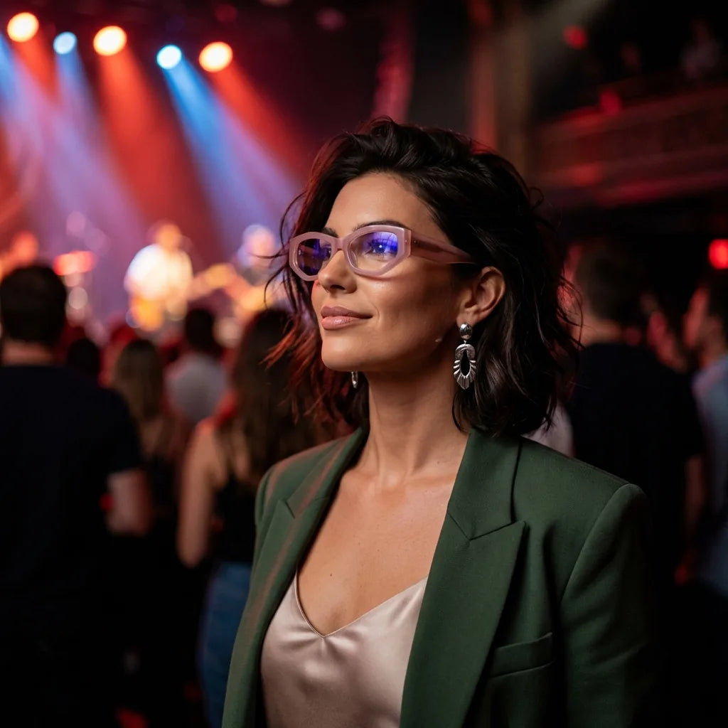 Lentes ópticos Artemisa Rosado mujer en concierto nocturno urbano Bonoboss #editorial_lifestyle4 #color_rosado
