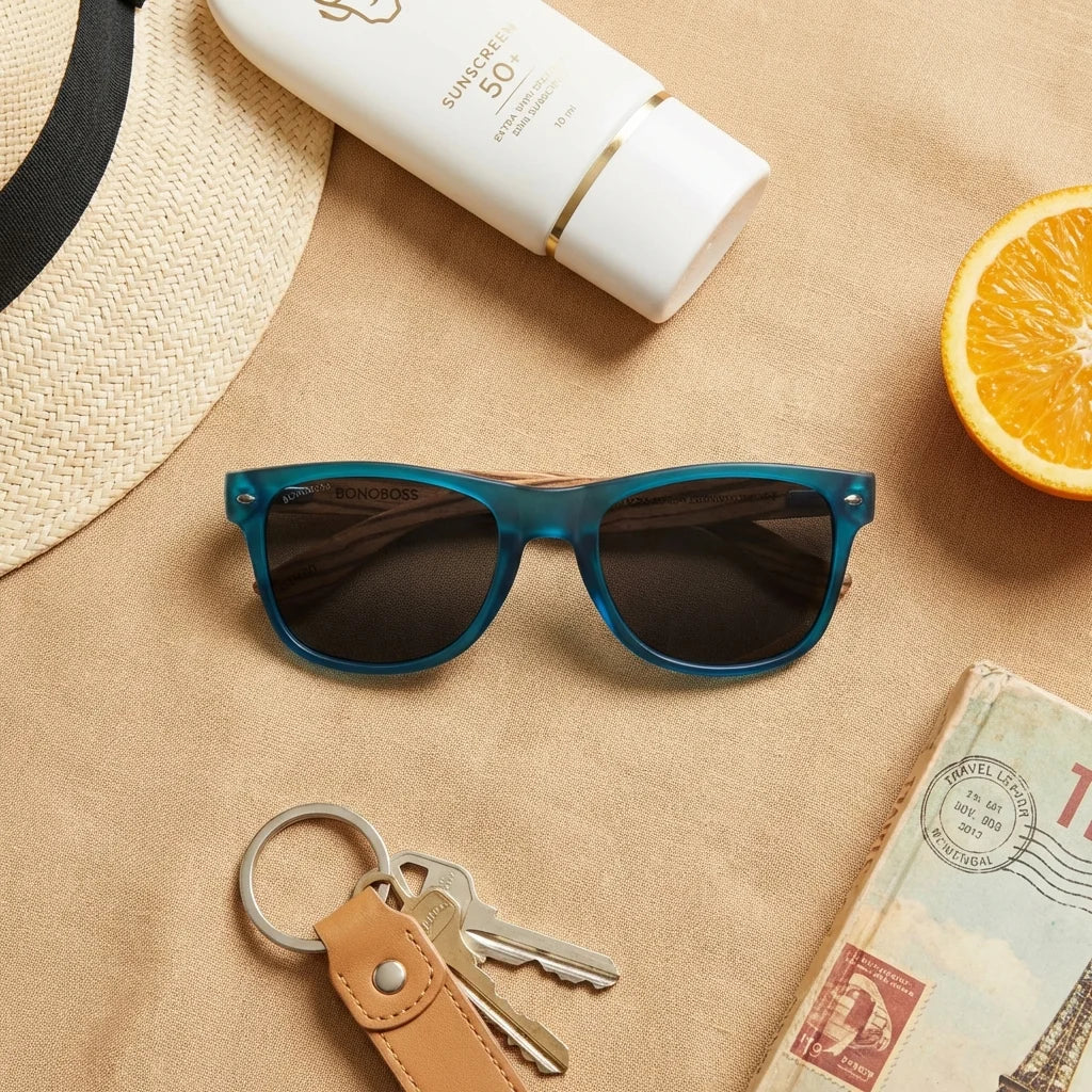 Lentes sol Acacia polarizados UV400 Ocean / Smoke detalle flat lay composición Bonoboss #editorial_detail2 #color_ocean-smoke