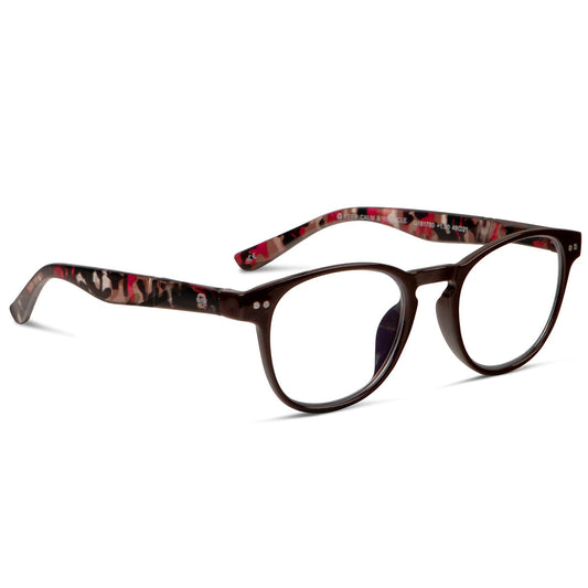 vista angulada o lateral de anteojos de lectura o presbicia con filtro de luz azul redondos de color burdeo para hombre y mujer