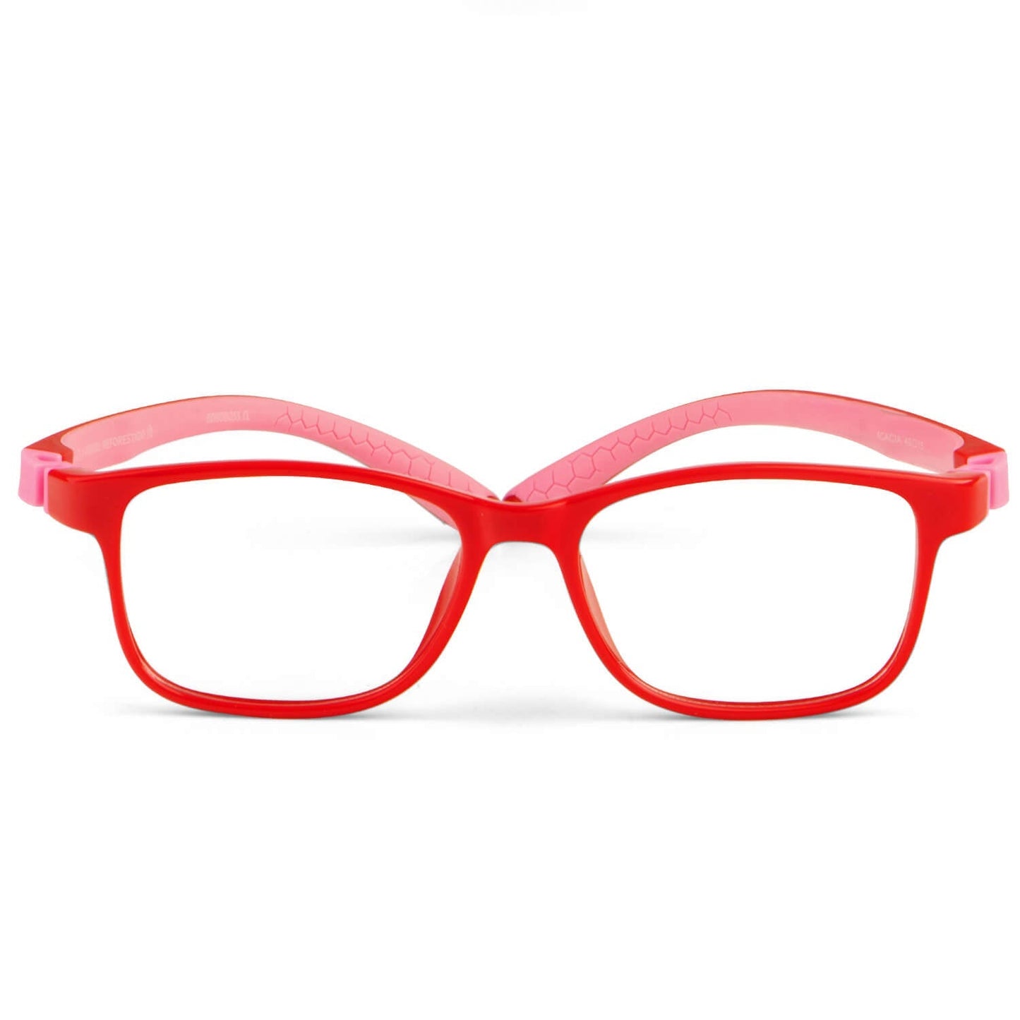 anteojos o marcos opticos de niño y niña de forma rectangular de unos anteojos. armazones opticos de goma indestructibles para niños de color rojo y patas rosadas y forma rectangular #color_rojo