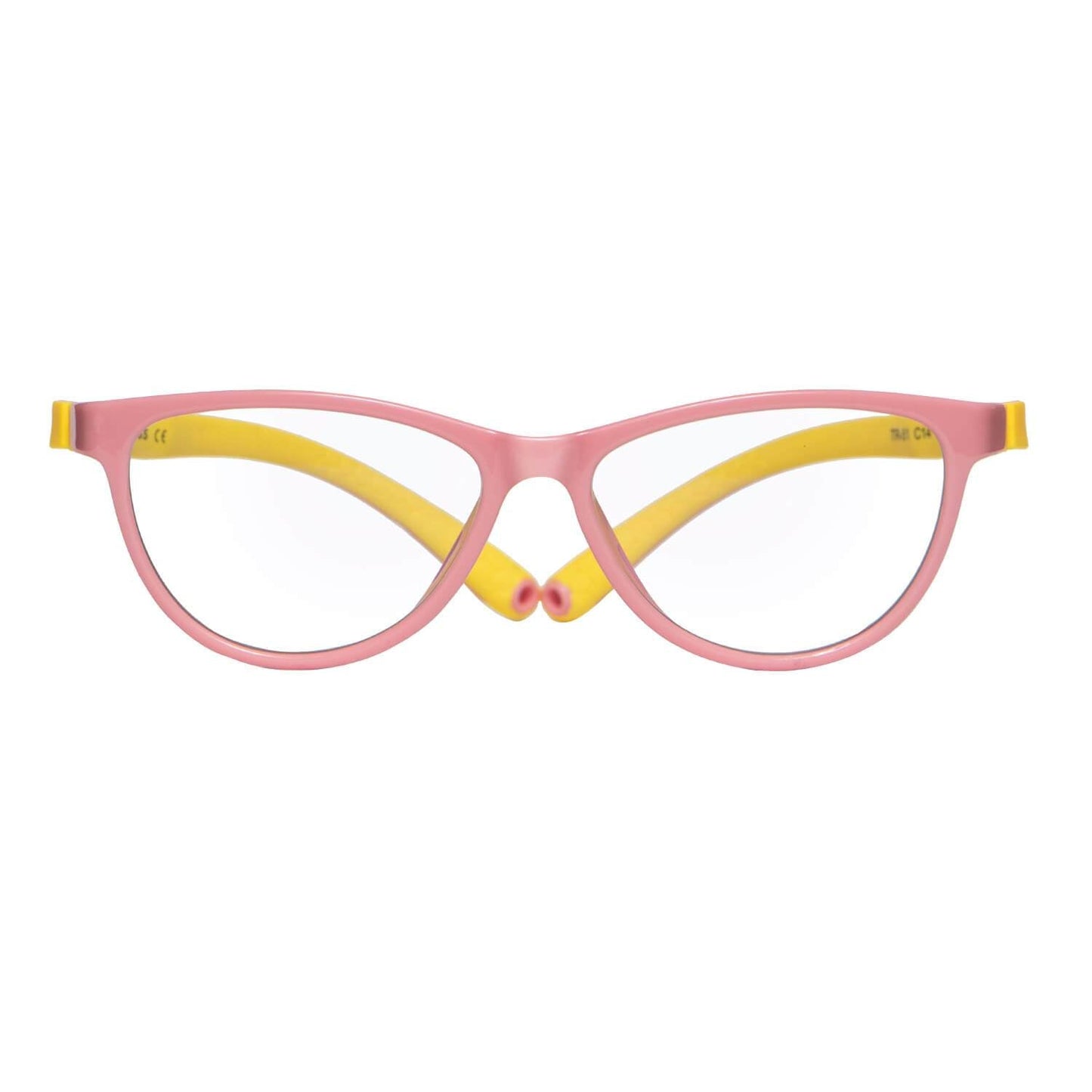 Anteojos o armazones ópticas para niño y niña de forma agatada y color rosado con amarillo vista frontal #color_rosado