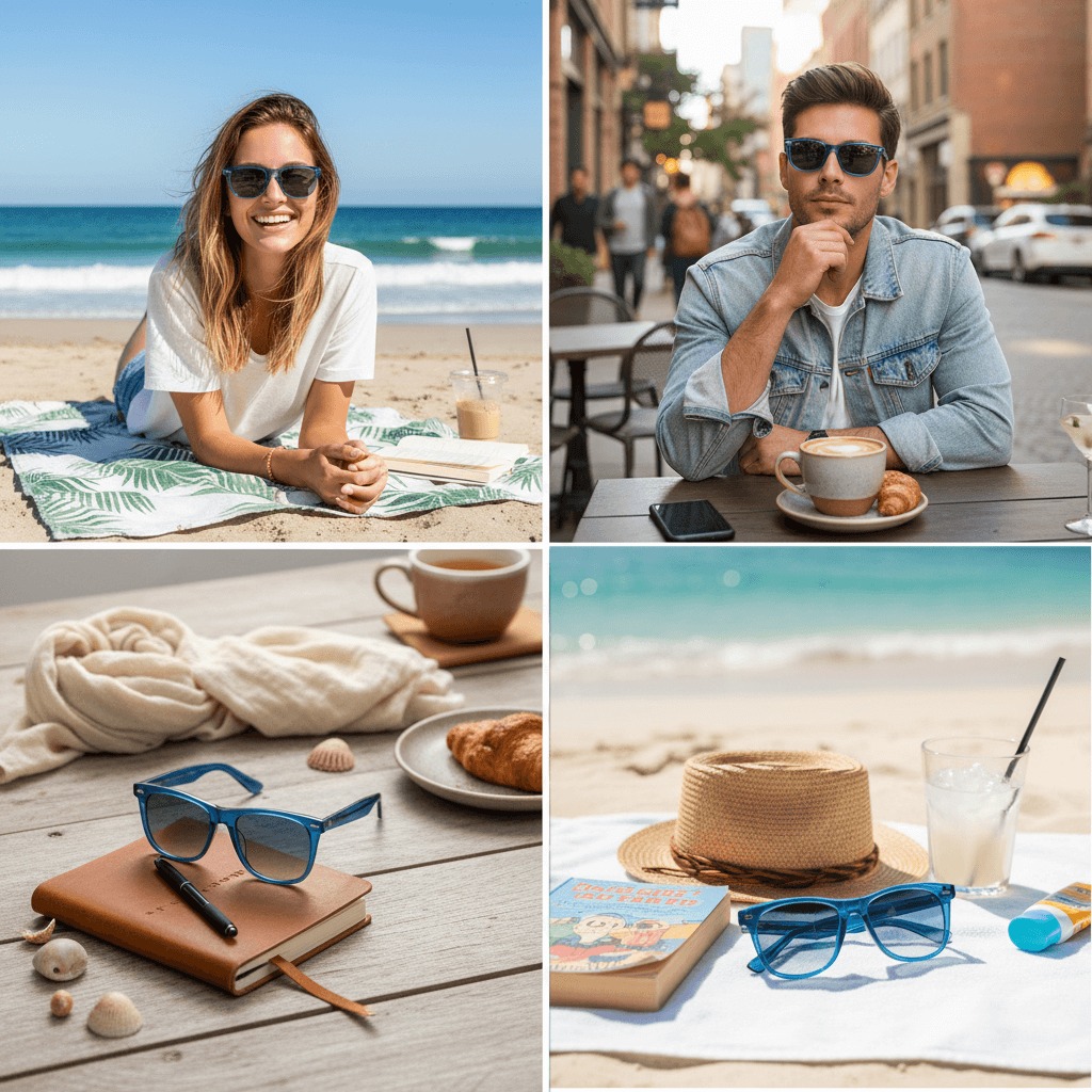 lentes de sol polarizados ovalados para hombre y mujer modelo wayfarer de rayban color azul transparente con lentes degrade azules polarizadas distribuidor mayorista de opticas sustentable reciclado plastico vista angulada #color_azul