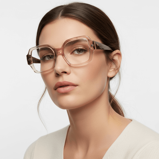una mujer de cara ovalada de ojos color verde y pelo liso tomado de color castaño usando unos armazones anteojos marcos opticos Bonoboss en acetato biodegradable reciclado sustentable de tamaño XL extra grandes oversized de #color_pink-havana