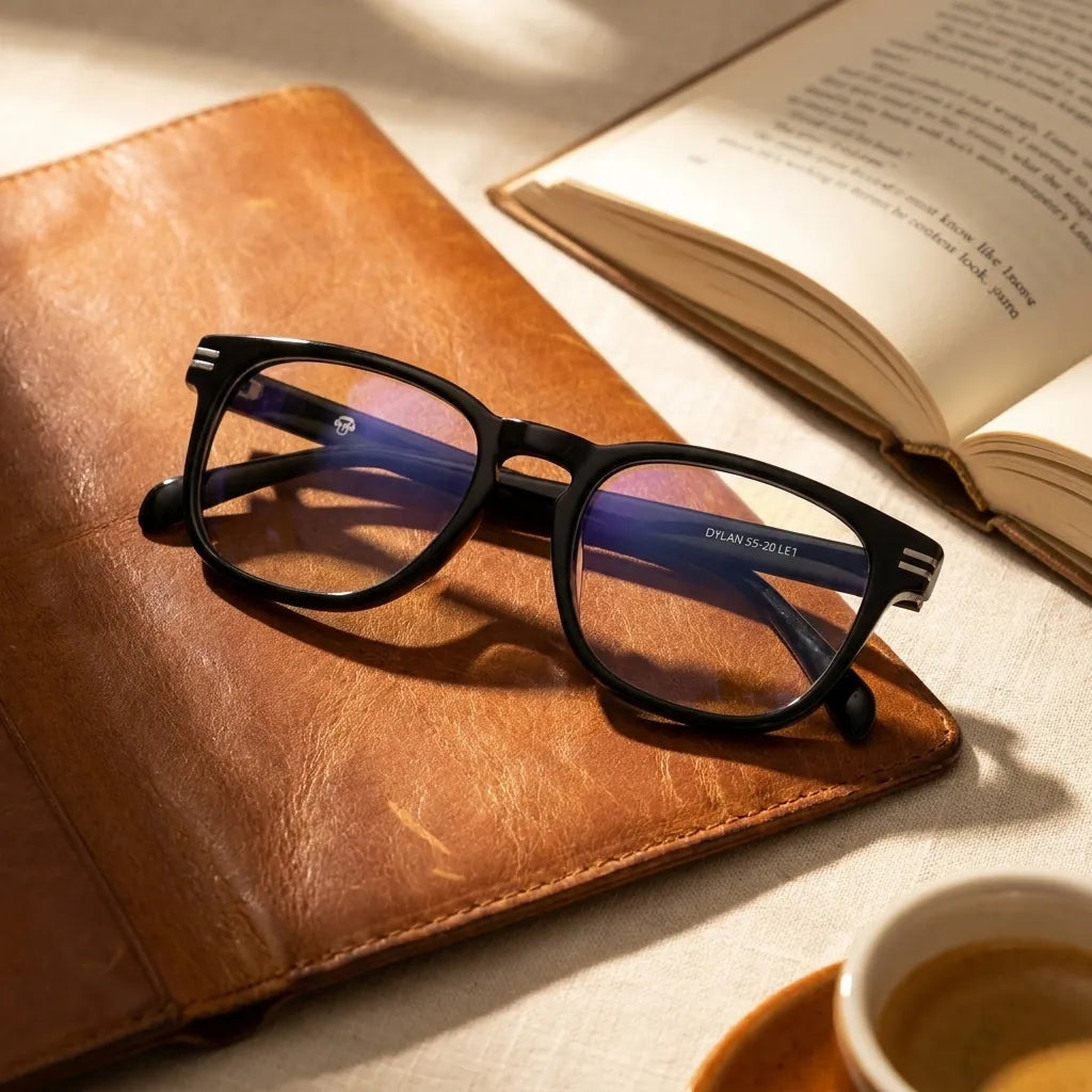 Bonoboss Dylan Negro - detalle armazon optico cuero libro still life #editorial_armazon #color_negro
