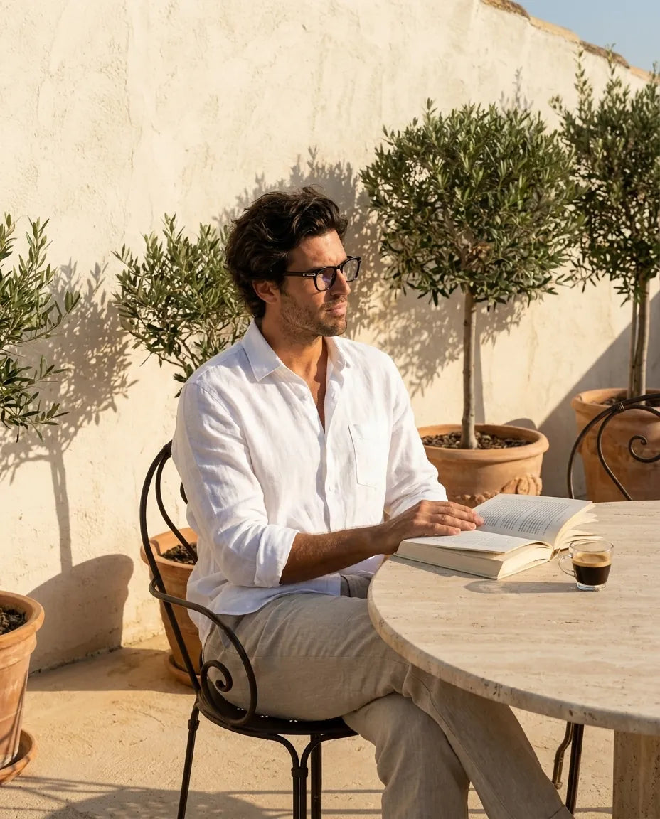 Bonoboss Dylan Negro - modelo hombre terraza lectura libro espresso golden hour #editorial_lifestyle4 #color_negro