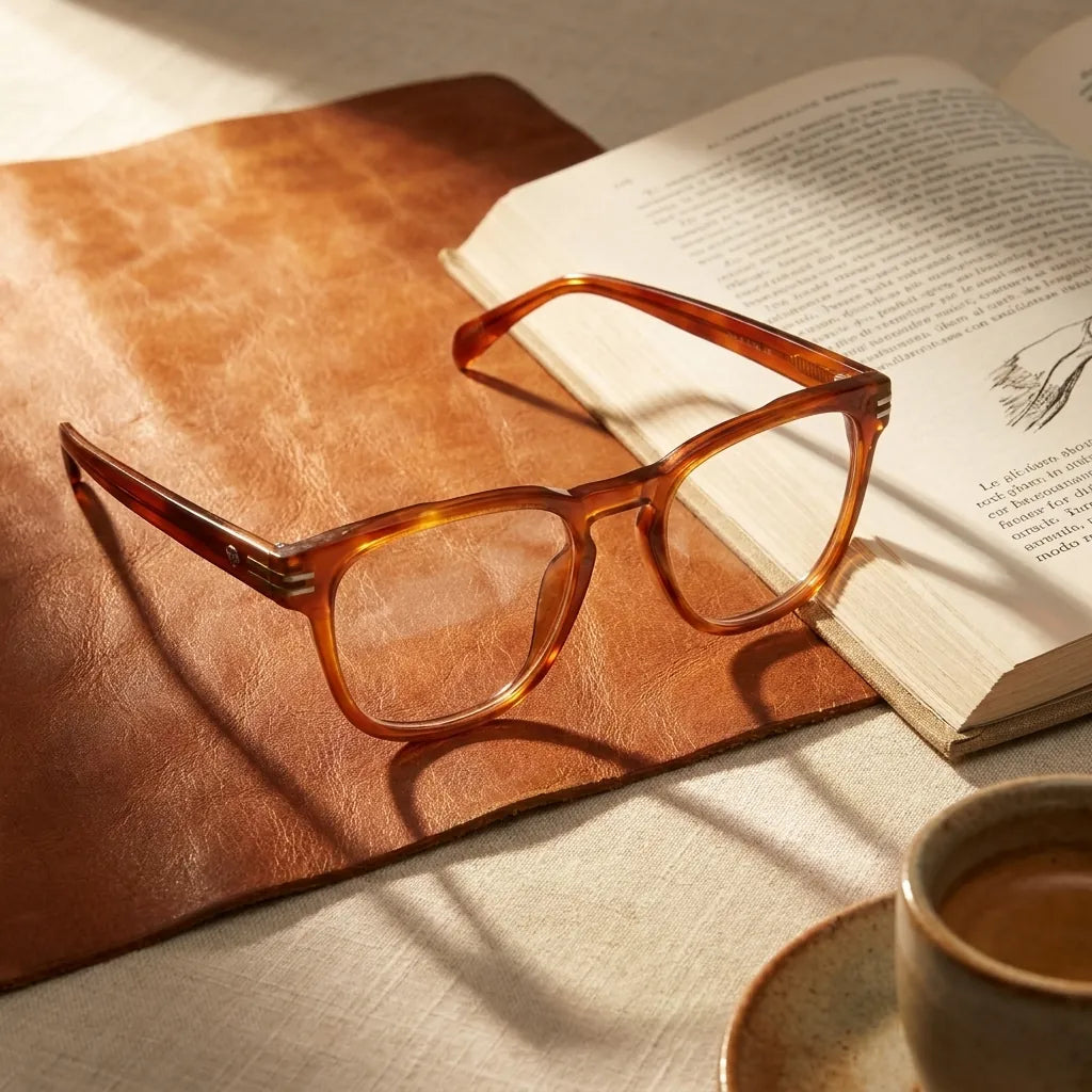 Bonoboss Dylan Naranja - detalle armazon optico cuero libro still life #editorial_armazon #color_naranja