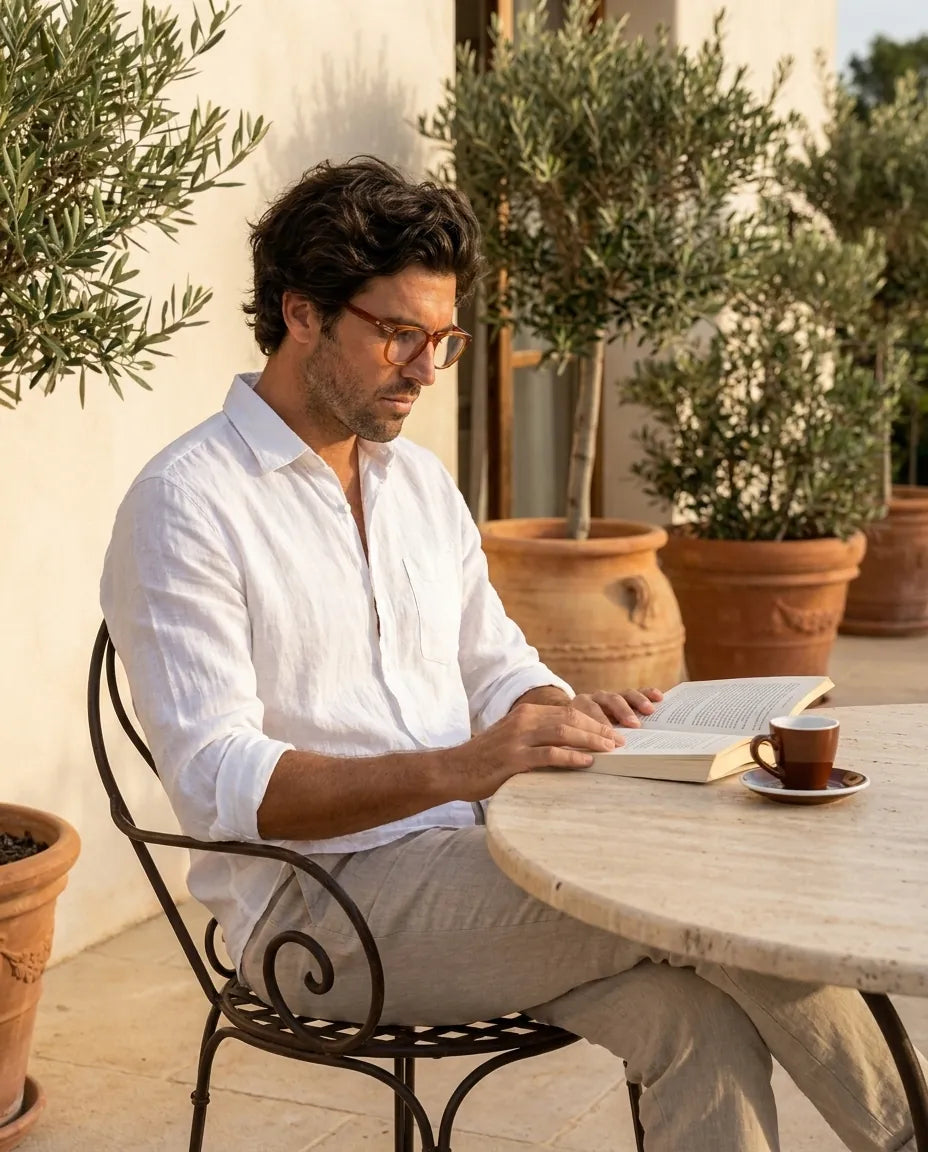 Bonoboss Dylan Naranja - modelo hombre terraza lectura libro espresso golden hour #editorial_lifestyle4 #color_naranja