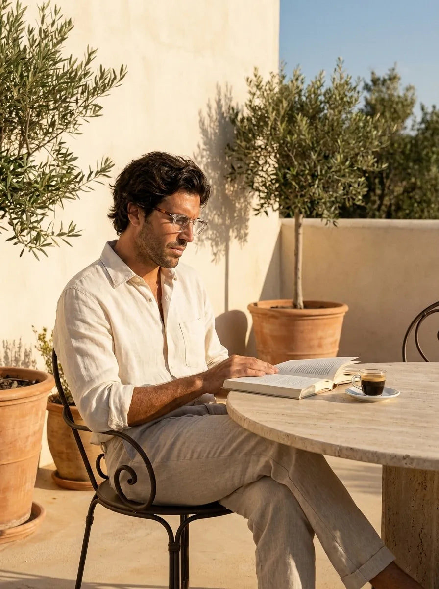 Bonoboss Dylan Transparente - modelo hombre terraza lectura libro espresso golden hour #editorial_lifestyle4 #color_transparente