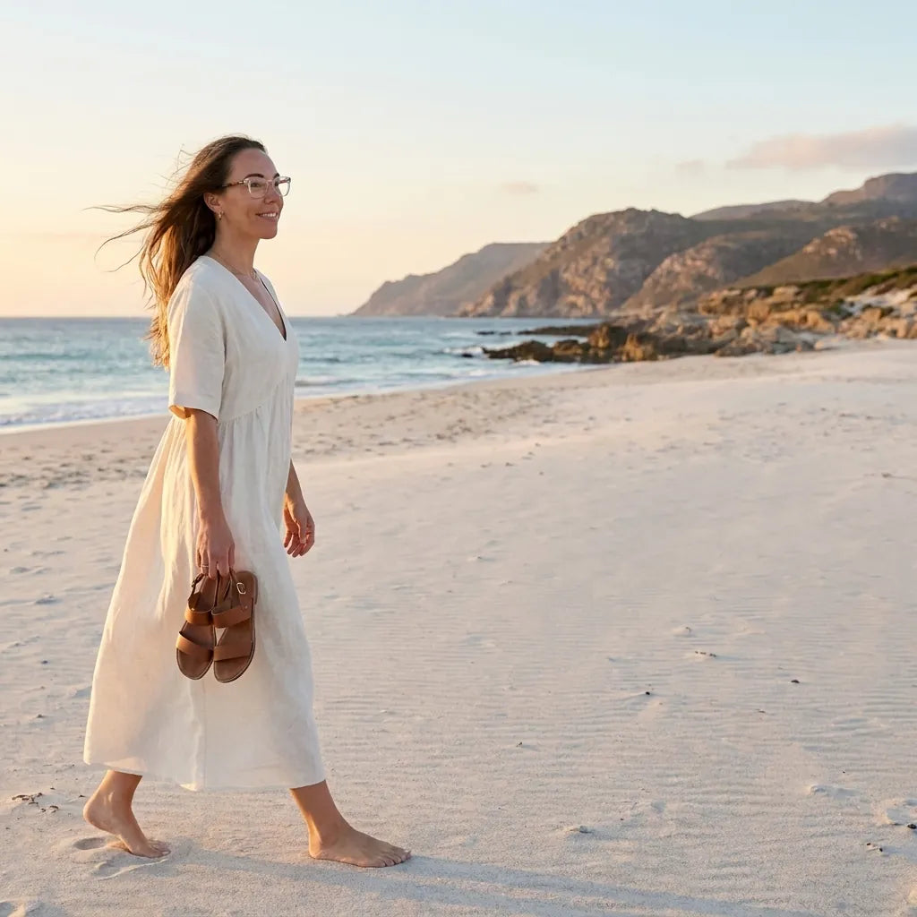 Bonoboss Dylan Transparente - modelo mujer playa atardecer caminata descalza #editorial_lifestyle1 #color_transparente