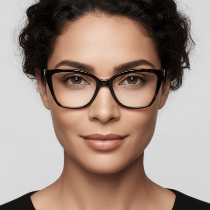 una modelo mujer de pelo riso guapa usando anteojos marcos opticos bonoboss con receta moedlo agatado #color_carey