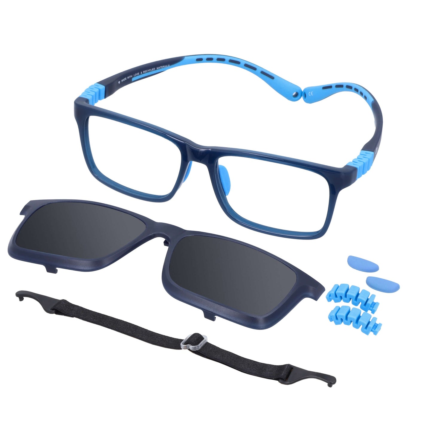 marcos opticos armazones para niños y niñas con clip polarizado de color negro y azul con repuestos de las bisagras y los nosepads. Se ve también en la parte inferior de la fotografía un colgante de lentes de color negro. El armazon es de forma rectangular para adolescentes de cara redonda #color_azul