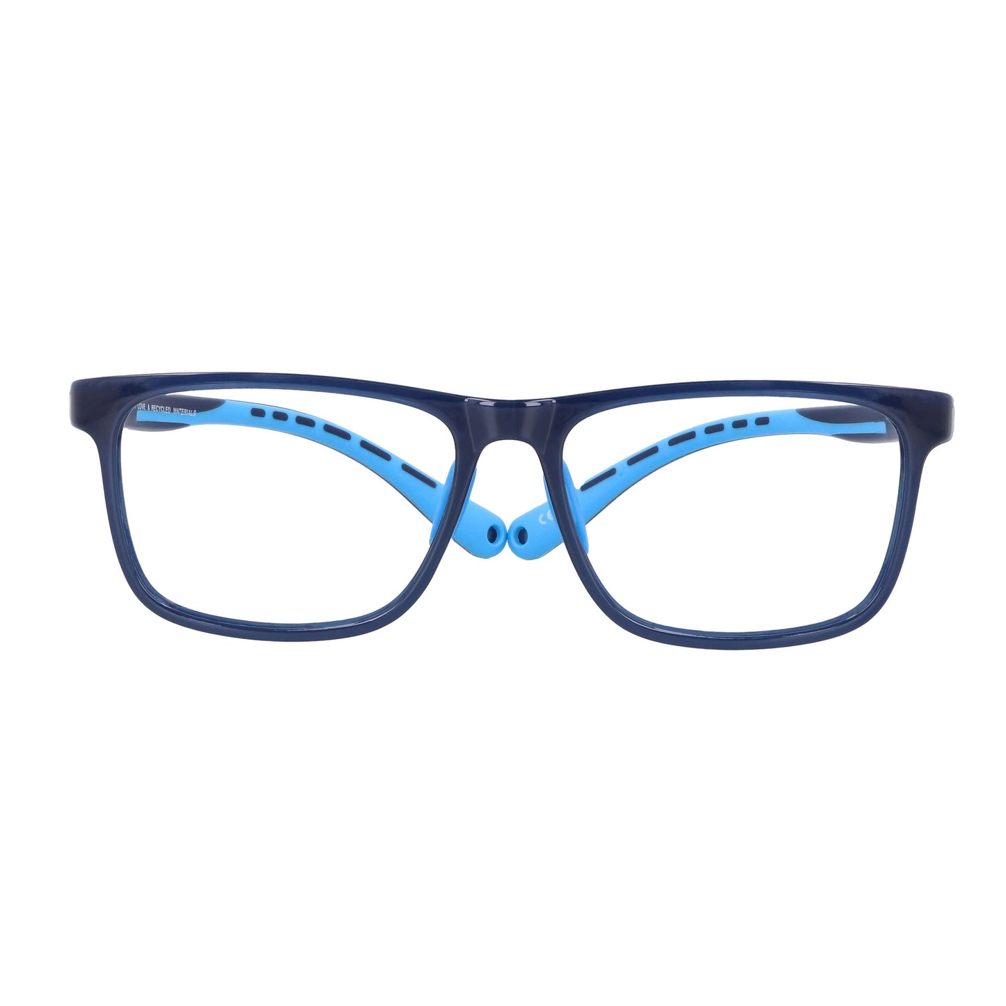 marcos opticos armazones para niños y niñas en color negro y azul. Vista frontal anteojo indestructible miraflex Bonoboss #color_azul