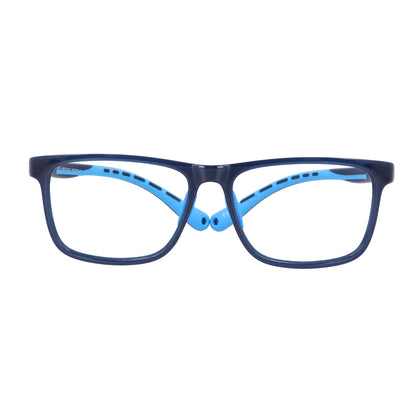 marcos opticos armazones para niños y niñas en color negro y azul. Vista frontal anteojo indestructible miraflex Bonoboss #color_azul