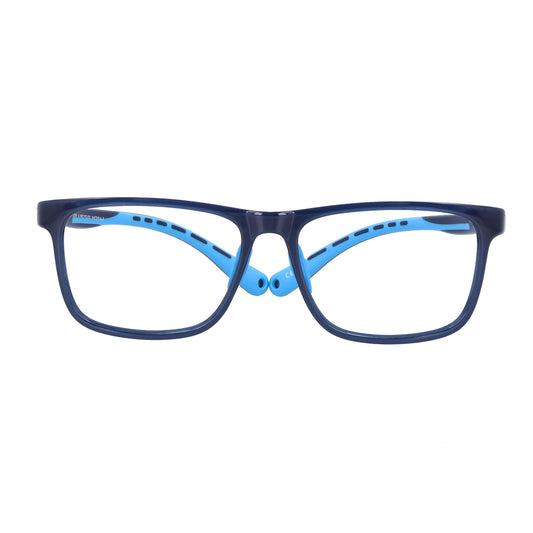 marcos opticos armazones para niños y niñas en color negro y azul. Vista frontal anteojo indestructible miraflex Bonoboss #color_azul